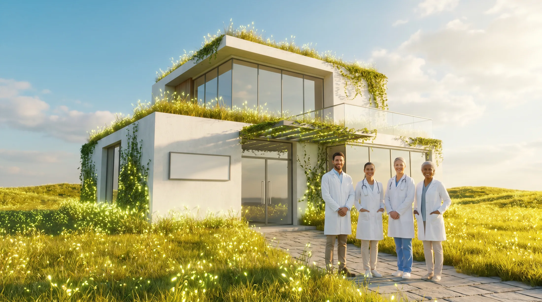 LUMEN Dental practice exterior with living roof, set in a golden meadow